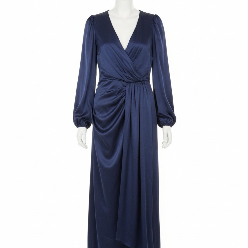 Eloquii Deep Blue Long Sleeve Pleated Satin like Dress